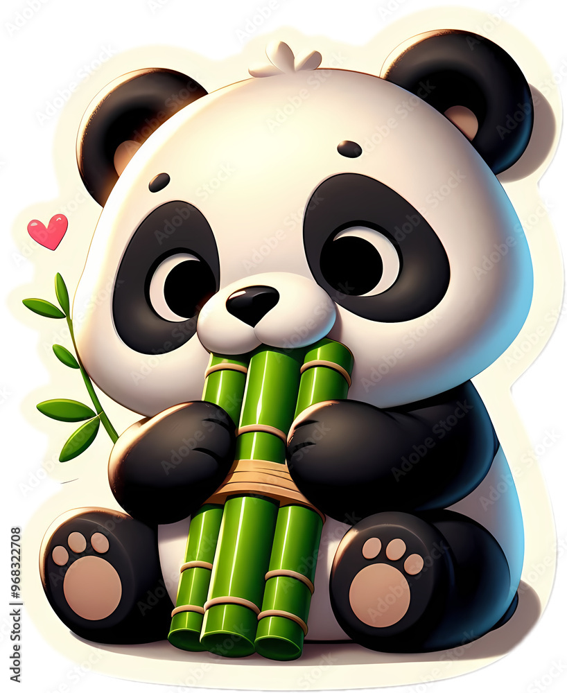 Sticker Cute cartoon panda bear eating bamboo illustration