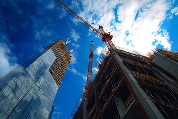 Construction scene featuring a crane overlooking a building project beneath a clear blue sky