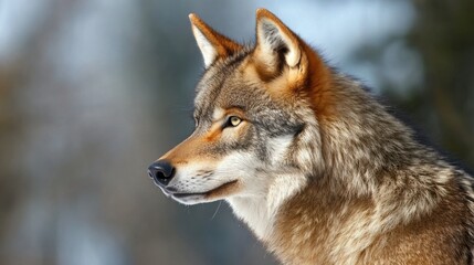 Fototapeta premium A wolf with its head turned, listening intently to sounds in the distance, ready to react.