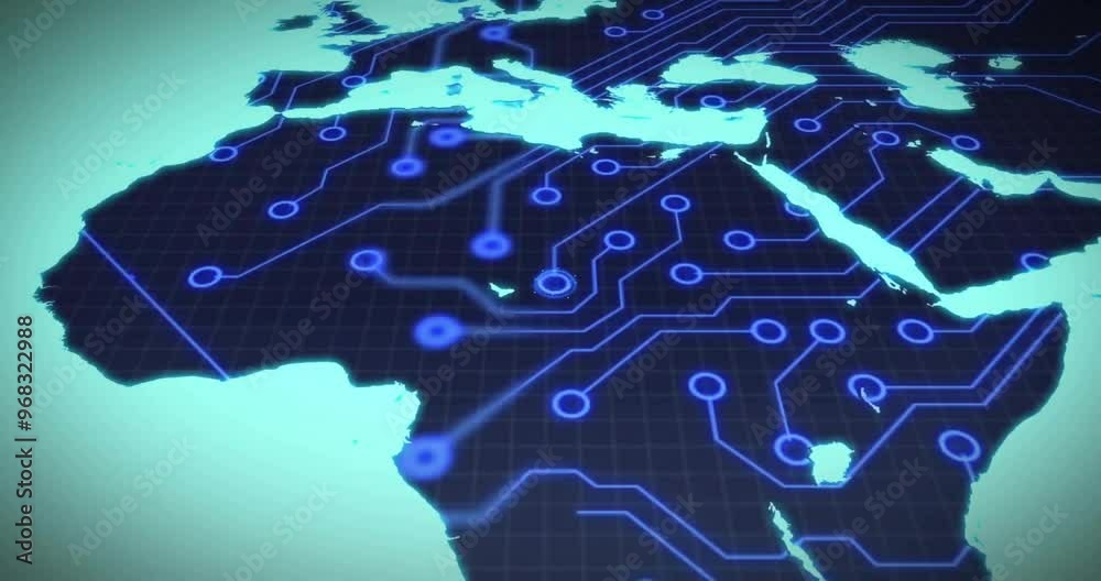 Poster animation of world map with computer circuit board on black background