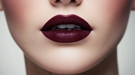 Fototapeta premium A woman lips pressed together after applying a deep plum lipstick, creating a smooth, even finish.