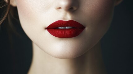 A woman lips slightly parted, showcasing a perfect application of matte red lipstick.