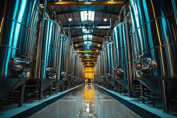 Obraz premium Rows of Stainless Steel Tanks in a Modern Industrial Facility