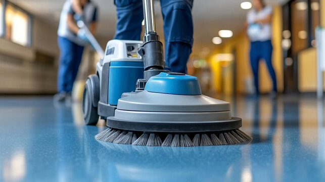 janitorial staff member uses a focused round cleaner machine to polish a large floor. The machine is operated with precision, ensuring a spotless, shiny surface in a clean environment