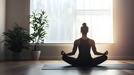 A peaceful stock photo of a person practicing meditation on a yoga mat in a minimalist room.