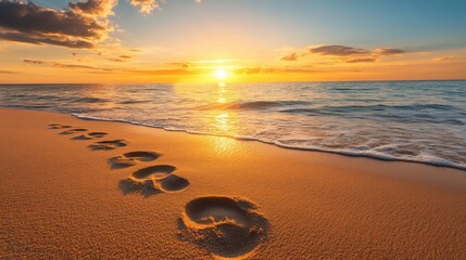 Footprints in the sand leading to the water edge, with the sun setting in the background.