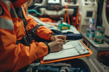 the ambulance doctor records the patient's data in the ambulance