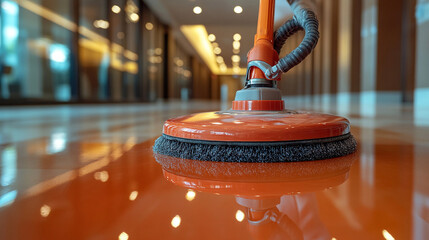 janitorial staff member uses a focused round cleaner machine to polish a large floor. The machine is operated with precision, ensuring a spotless, shiny surface in a clean environment