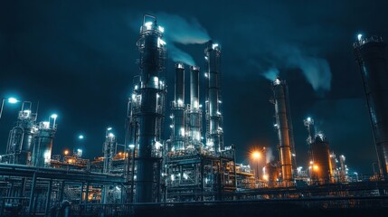 A refinery at night, with lights illuminating the pipes and towers against the dark sky.