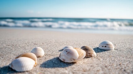 Seashells scattered across the sand on a deserted beach, with the ocean just visible in the distance.
