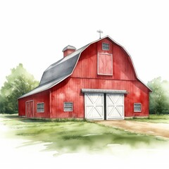 Watercolor Illustration of a Rustic Red Barn in a Countryside Setting