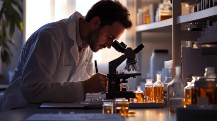 A scientist in a lab coat examining samples of oil under a microscope, with bottles of chemicals nearby.