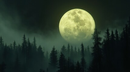 Fototapeta premium The Moon setting over a forest, with the trees creating a dark silhouette against the bright orb.