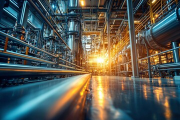 Fototapeta premium Industrial Interior with Steel Pipes and Glowing Lights