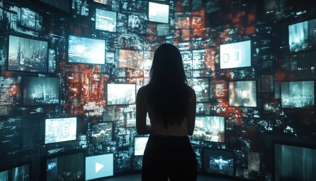 Woman immersed in a digital world of big data from streaming services and social media platforms