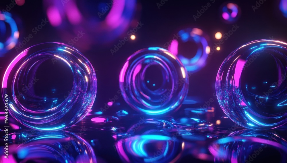 Wall mural abstract neon spheres with glowing circles