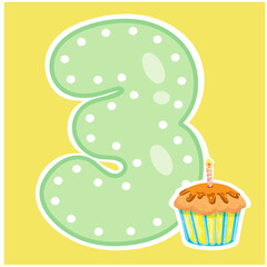 Three and a candle with a cupcake on a yellow background