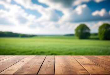 A wooden table or surface in the foreground, with a blurred green field and cloudy sky in the background