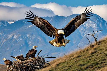 Obraz premium Eagle flying. White tailed eagles (Haliaeetus albicilla) flying at a field in the forest of Poland searching for food on a foggy autumn morning.