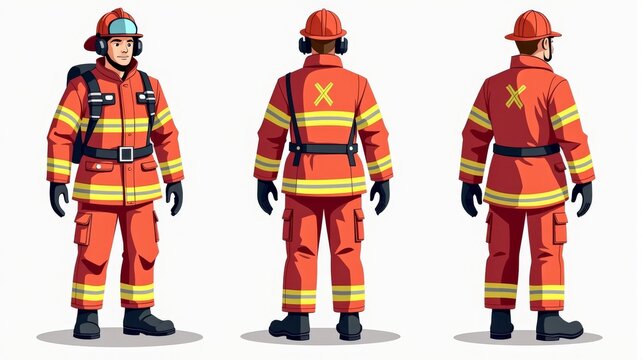 Detailed Illustration of Firefighter in Uniform - Front, Back, and Side View