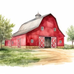 Watercolor Illustration of a Classic Red Barn with Trees in Rural Countryside
