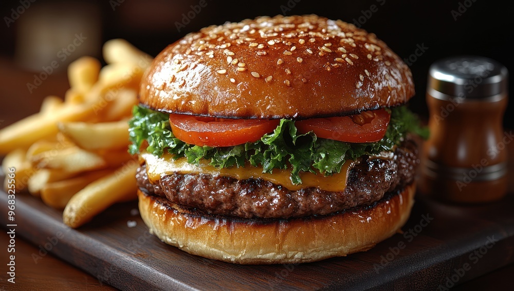 Sticker Juicy Cheeseburger with Crispy Fries