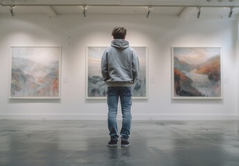 Man Admiring Artwork in Gallery