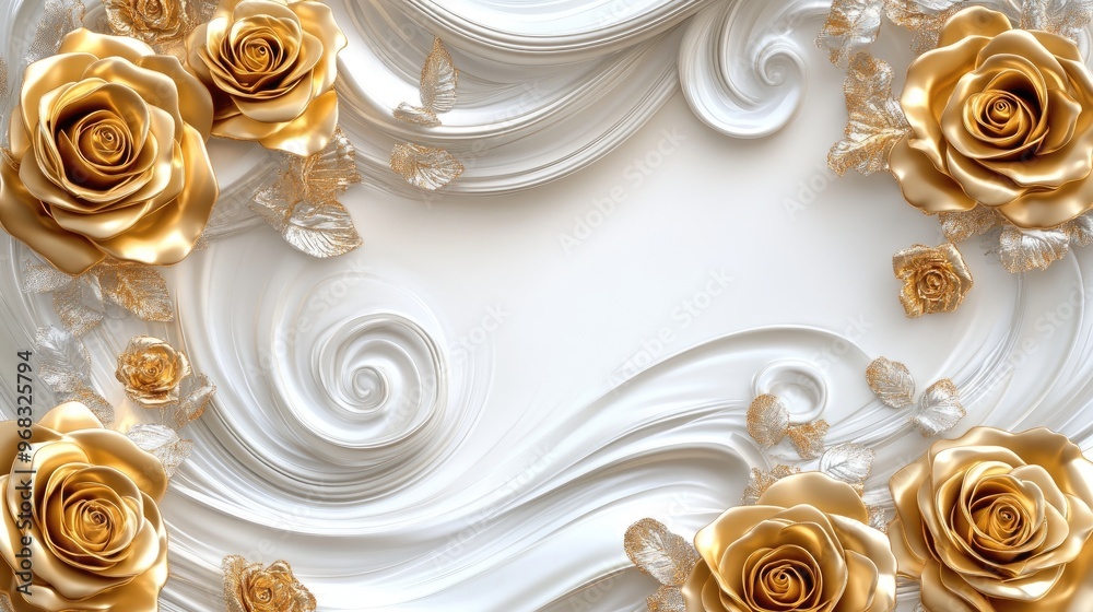 Wall mural circular decorative pattern of golden roses, highlighted by a swirling silver-white background, crea