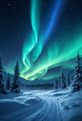 Naklejka premium Northern Lights Aurora Borealis in night sky over snow covered fir forest with empty country road high in snowy Alpine mountains at nighttime. With no people arctic winter landscape 3D illustration.