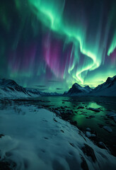 Naklejka premium Dramatic night sky with colorful Northern Lights Aurora Borealis flashes over snowy mountains and frozen mount river at polar nighttime. With no people serene nordic winter landscape 3D illustration.