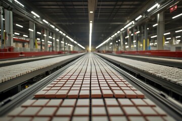 Conveyor Belt with Square Tiles Moving Through a Factory
