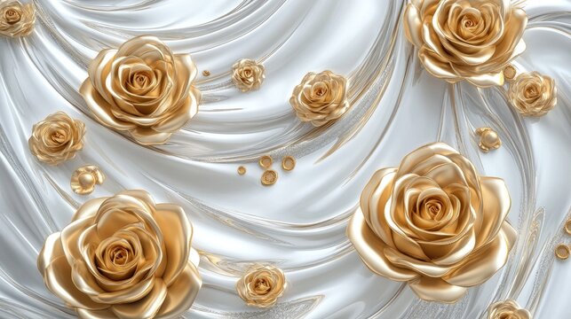 Circular pattern of golden roses placed against a swirling silver-white background, creating a dynamic and elegant decorative design