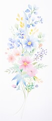 A beautiful watercolor floral arrangement featuring pastel colors and delicate leaves, perfect for spring themes and designs.
