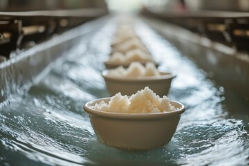 Fototapeta premium White Ceramic Bowls Filled with Rice on a Moving Water Surface