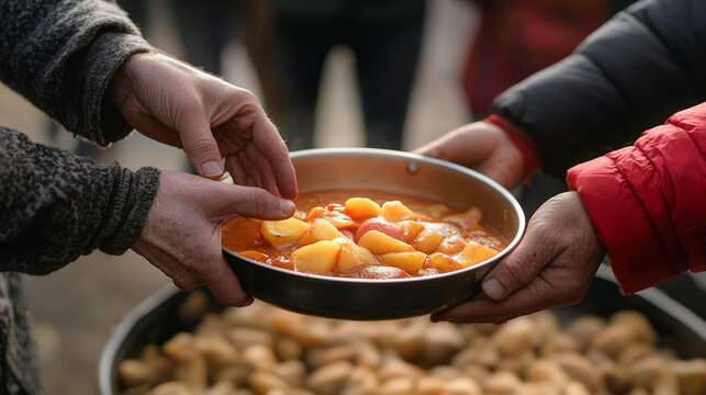 hands compassionately offers a plate of nourishing food, symbolizing kindness, support, and generosity. The image conveys care, community, and the spirit of volunteerism