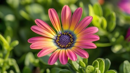 Obraz premium Macro view of a colorful flower in the garden, highlighting its delicate petals and rich, vibrant hues, surrounded by natural greenery