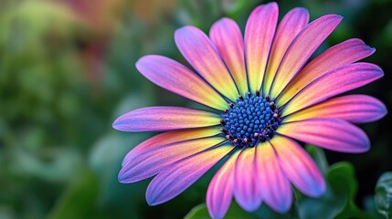 Obraz premium Macro view of a colorful flower in the garden, highlighting its delicate petals and rich, vibrant hues, surrounded by natural greenery