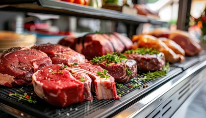 Butcher shop with fresh cuts of meat, rustic and inviting, Culinary, Earth tones, Photograph, Culinary detail