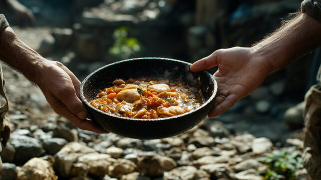 hands compassionately offers a plate of nourishing food, symbolizing kindness, support, and generosity. The image conveys care, community, and the spirit of volunteerism
