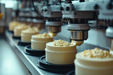Automatic Cream Topping Machine Dispensing Cream on White Cakes