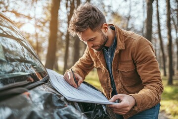 Man completes car insurance claim form post accident, discusses coverage with adjuster