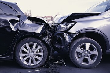 Collision in parking lot  black and gray cars involved in front end accident with damage reported