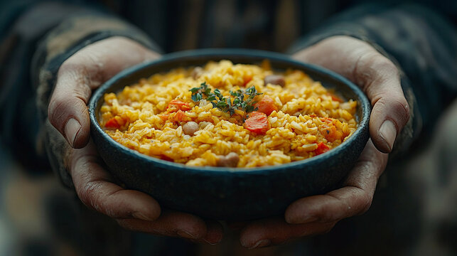 hands compassionately offers a plate of nourishing food, symbolizing kindness, support, and generosity. The image conveys care, community, and the spirit of volunteerism