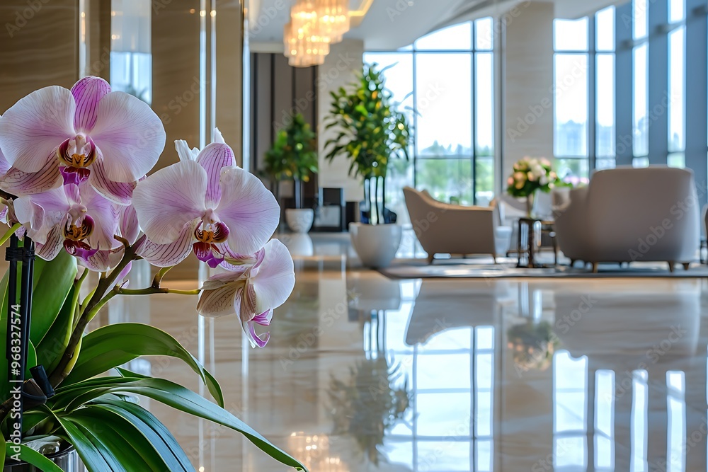 Wall mural orchid-adorned lobby in a business building with luxurious and elegant furniture.