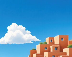 A bright blue sky with fluffy white clouds over a terracotta building, creating a serene and inviting atmosphere.