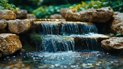 A macro of a beautiful tropical water waterfall in a tranquil environment. A waterfall with calm waters that exudes peace and serenity.