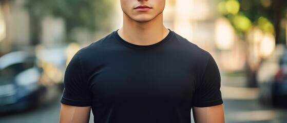 Fototapeta premium Close-up of a Man's Upper Body Wearing a Black T-shirt