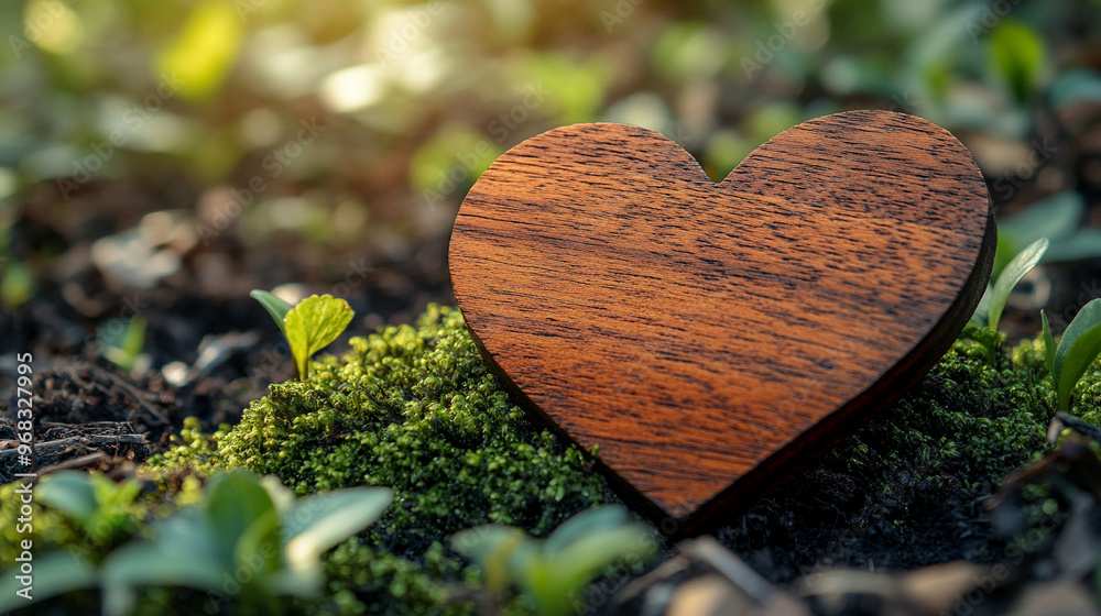 Canvas Prints wooden heart rests on a lush mossy forest floor, symbolizing the connection between nature and human emotions, emphasizing harmony, love, and tranquility in a serene natural environment