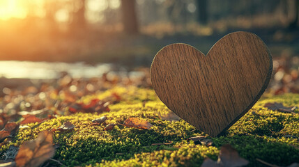 wooden heart rests on a lush mossy forest floor, symbolizing the connection between nature and human emotions, emphasizing harmony, love, and tranquility in a serene natural environment