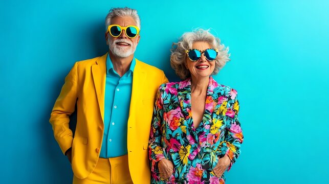 Stylish senior couple wearing sunglasses and bright clothing against a blue background.